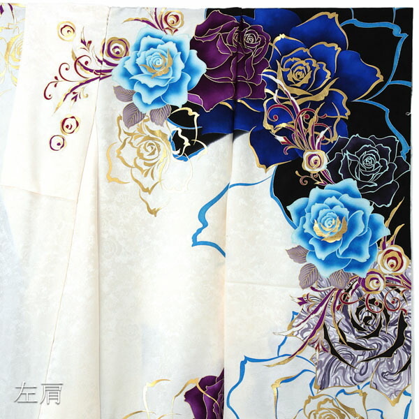 未仕立て 振袖 単品 「白×黒 青薔薇」 仮絵羽 振り袖 正絹 丹後 未仕立て 振袖 単品 「白×黒 青薔薇」 仮絵羽 振り袖 正絹 丹後