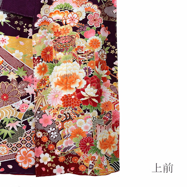 未仕立て 振袖 単品 「深紫色 熨斗に牡丹、貝桶」 仮絵羽 振り袖 正絹 着物 レディース 成人式 結婚式 結納 パーティー 晴れ着 【メール便不可】 未仕立て 振袖 単品 「深紫色 熨斗に牡丹、貝桶」 仮絵羽 振り袖 正絹