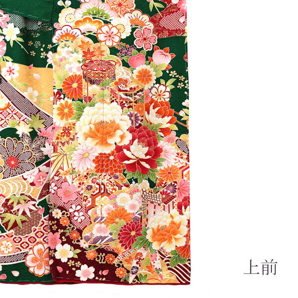 未仕立て 振袖 単品 「常盤色 熨斗に牡丹、貝桶」 仮絵羽 振り袖