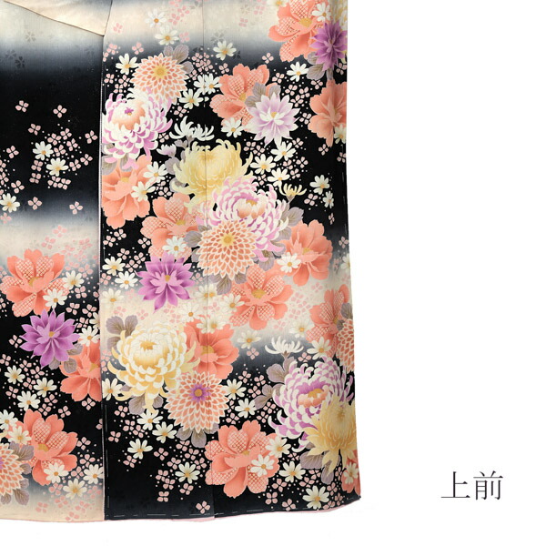 未仕立て 振袖 単品 「黒×白、段暈し 菊」 仮絵羽 振り袖 正絹 着物