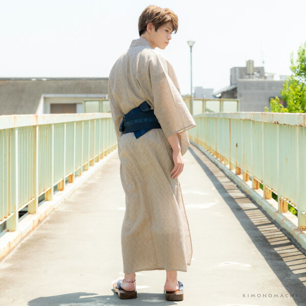 浴衣 セット メンズ 男性用浴衣セット 浴衣5点セット(浴衣+角帯+下駄+巾着+腰紐) 「楊柳浴衣 黒色破れ細格子 ベージュ破れ細格子 全2柄」