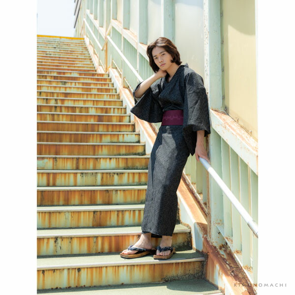 浴衣 セット メンズ 男性用浴衣セット 浴衣5点セット(浴衣+角帯+下駄+巾着+腰紐) 「楊柳浴衣 黒色破れ細格子 ベージュ破れ細格子 全2柄」