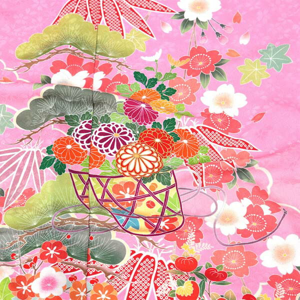 未仕立て 振袖 単品 「ピンク 松に桜、花籠」 仮絵羽 振り袖 正絹 着物