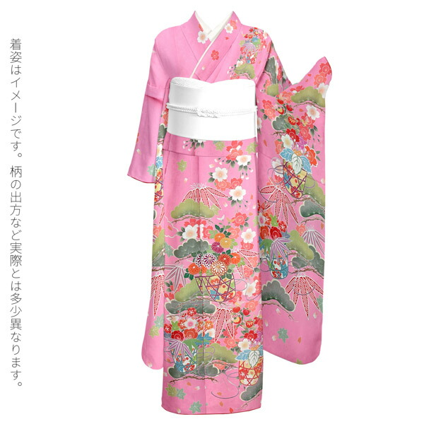 振袖　未仕立て　仮絵羽　ピンク　可愛い　成人式　リメイク　ブランド　ピンク 未仕立て 振袖 単品 「ピンク 松に桜、花籠」 仮絵羽 振り袖 正絹 着物