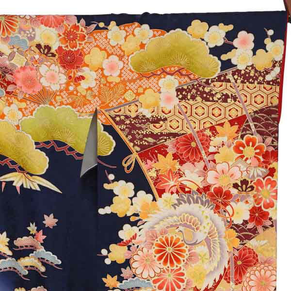 未仕立て 振袖 22点セット「濃紺 雲取り花と鶴薬玉」仮絵羽 振り袖