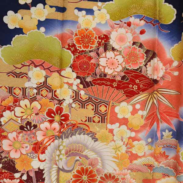 未仕立て 振袖 22点セット「濃紺 雲取り花と鶴薬玉」仮絵羽 振り袖