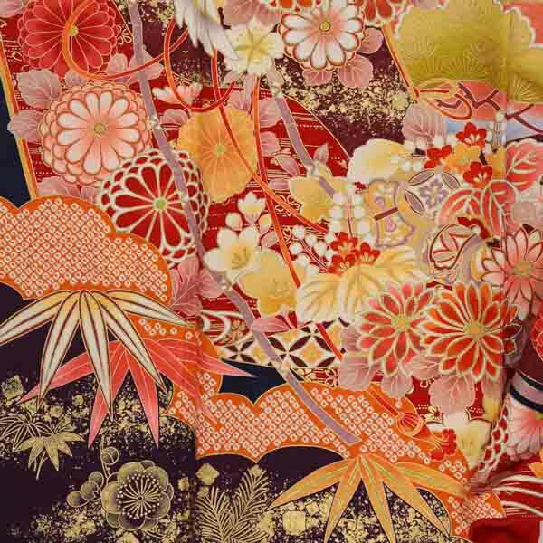 未仕立て 振袖 22点セット「濃紺 雲取り花と鶴薬玉」仮絵羽 振り袖