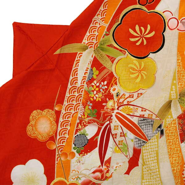 振袖 仮絵羽 未仕立て 新品未使用 美品 正絹 赤系 成人式 R24 未仕立て 振袖 単品 「赤、疋田 熨斗に花紋」 仮絵羽 振り袖