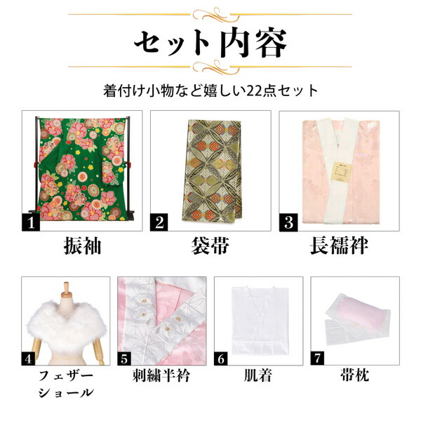 未仕立て 振袖 22点セット「緑 紅椿に菊梅」仮絵羽 振り袖 正絹 着物 ブランド振袖 成人式 結婚式 結納 パーティー 晴れ着 【メール便不可】