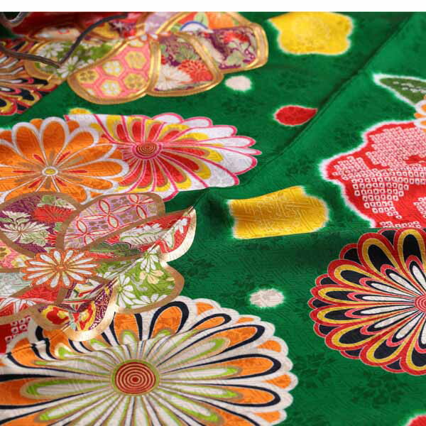 未仕立て 振袖 22点セット「緑 紅椿に菊梅」仮絵羽 振り袖 正絹 着物 ブランド振袖 成人式 結婚式 結納 パーティー 晴れ着 【メール便不可】