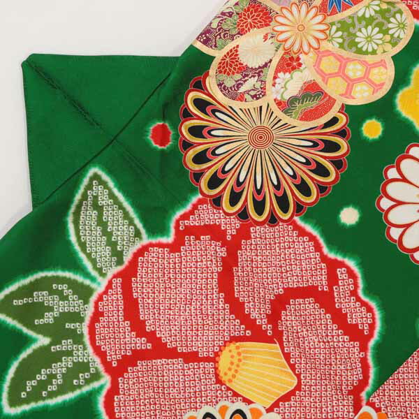 未仕立て 振袖 22点セット「緑 紅椿に菊梅」仮絵羽 振り袖 正絹 着物 ブランド振袖 成人式 結婚式 結納 パーティー 晴れ着 【メール便不可】