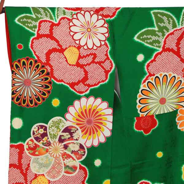 未仕立て 振袖 22点セット「緑 紅椿に菊梅」仮絵羽 振り袖 正絹 着物 ブランド振袖 成人式 結婚式 結納 パーティー 晴れ着 【メール便不可】