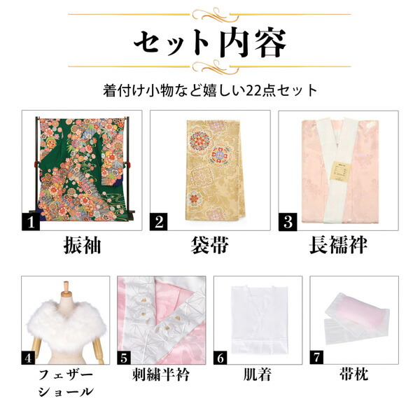 未仕立て 振袖 22点セット「緑 流水に菊梅桜牡丹笹」仮絵羽 振り袖 正絹 着物 ブランド振袖 成人式 結婚式 結納 パーティー 晴れ着 【メール便不可】