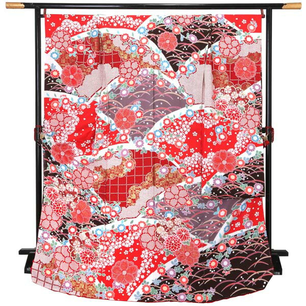 未仕立て 振袖 単品「芥子色×えび茶色 熨斗に枝桜」日本製 仮絵羽