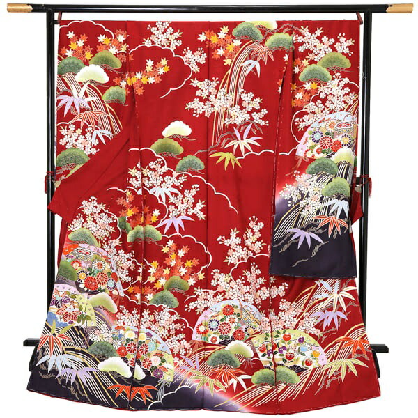 未仕立て 振袖 単品「濃紅　流水に松、檜扇」日本製 仮絵羽 振り袖 正絹 着物 レディース 成人式 結婚式 結納 パーティー 晴れ着(メール便不可)