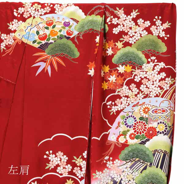 未仕立て 振袖 単品「濃紅 流水に松、檜扇」日本製 仮絵羽 振り袖 正絹