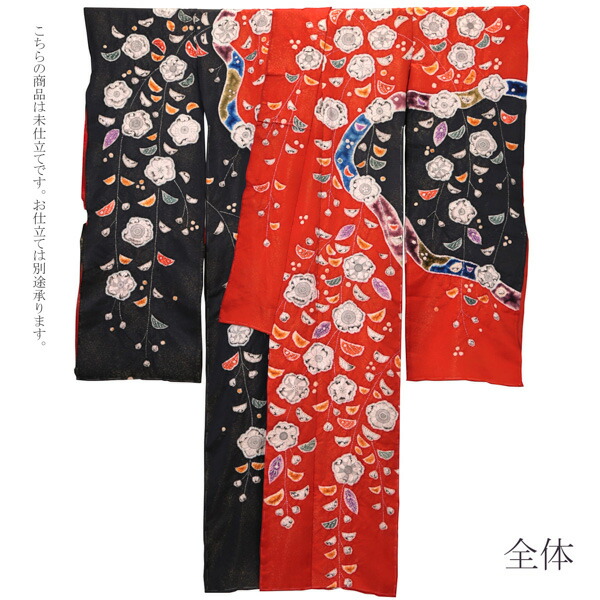 未仕立て 振袖 単品「朱色×黒　枝垂れ、辻が花」日本製 仮絵羽 振り袖 正絹 着物 レディース 成人式 結婚式 結納 パーティー 晴れ着(メール便不可)｜kimonomachi｜02