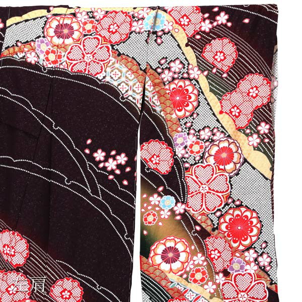 未仕立て 振袖 単品「暗紫色 雪芝取りに花紋」日本製 仮絵羽 振り袖 