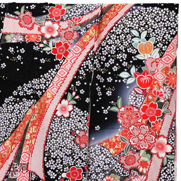 未仕立て 振袖 単品「黒地　小桜に蔓帯」日本製 仮絵羽 振り袖 正絹 着物 レディース 成人式 結婚式 結納 パーティー 晴れ着(メール便不可)_2