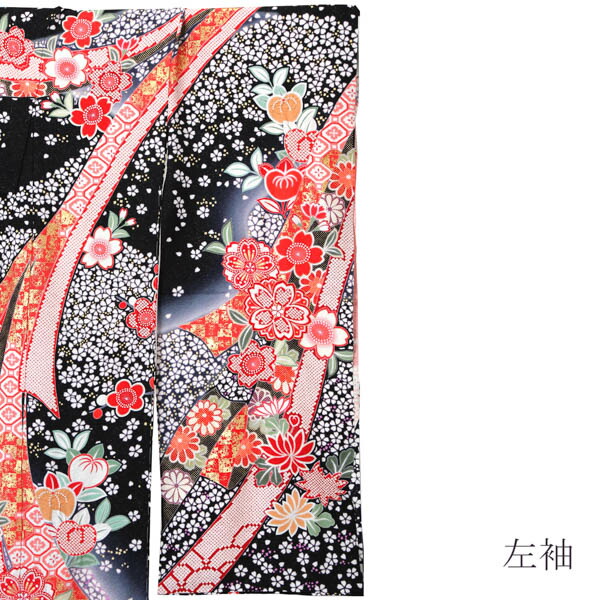 未仕立て 振袖 単品「黒地　小桜に蔓帯」日本製 仮絵羽 振り袖 正絹 着物 レディース 成人式 結婚式 結納 パーティー 晴れ着(メール便不可)_3
