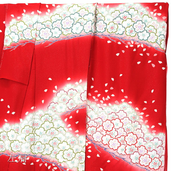 未仕立て 振袖 単品「赤紅色　笠松取り、桜」日本製 仮絵羽 振り袖 正絹 着物 レディース 成人式 結婚式 結納 パーティー 晴れ着(メール便不可)_2