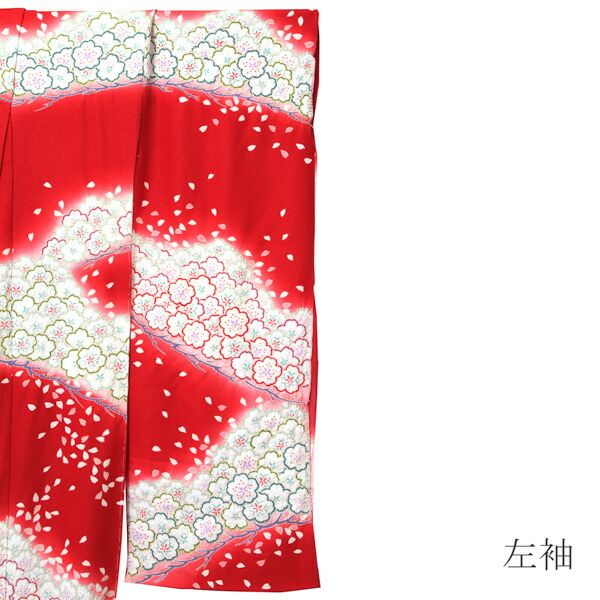 未仕立て 振袖 単品「赤紅色　笠松取り、桜」日本製 仮絵羽 振り袖 正絹 着物 レディース 成人式 結婚式 結納 パーティー 晴れ着(メール便不可)_3
