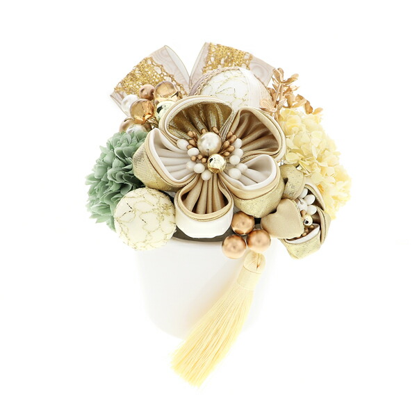 髪飾り 成人式 つまみ髪飾り Uピン 11点セット フラワーポット「ゴールド・グレース ゴールド Arenca No.8357」振袖用髪飾り お花髪飾り つまみ細工かんざし 成人式 卒業式 結婚式 着物 日本製【メール便不可】 髪飾り 成人式 つまみ髪飾り Uピン 11点セット フラワーポット