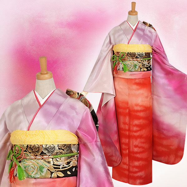 中古品)仕立て上がり 振袖 「ローズピンク 薔薇と蝶」貸衣装処分