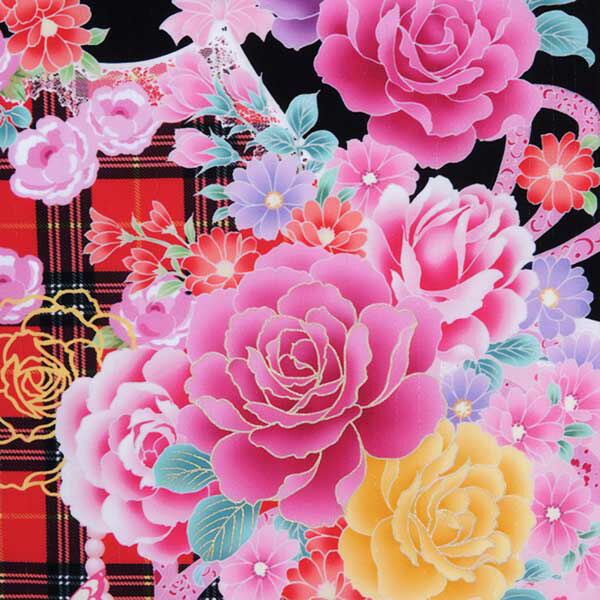 【中古品】ジュニア用 振袖単品「黒 チェックにバラとレース」仕立て上がり 小振袖 着物 子ども 子供 キッズ ジュニア 女の子 卒業式 小学校 小学生 中学校 中学生 十三参り 十三詣り 1/2成人式 ハーフ成人式 貸衣装処分 レンタル処分品 【メール便不可】