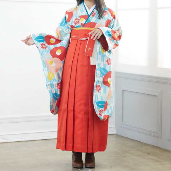 中古品)ジュニア用 振袖単品「クリーム/水色 矢絣に椿」仕立て上がり