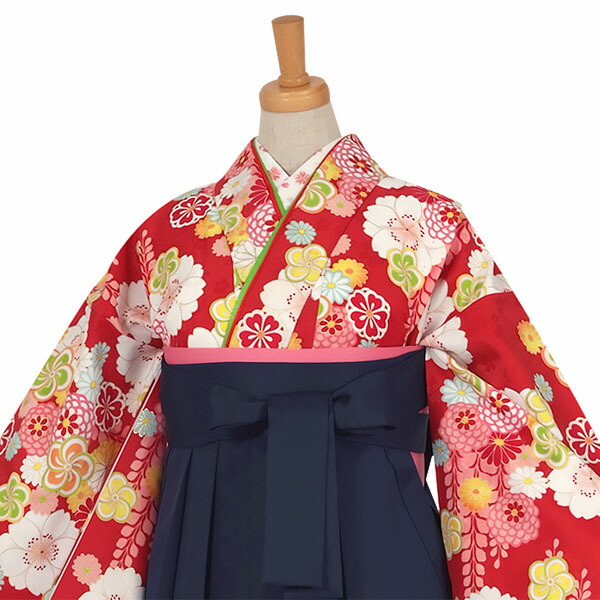 【中古品】ジュニア用 振袖単品「赤　桜にねじり梅」仕立て上がり 襦袢プレゼント 小振袖 着物 子ども 子供 キッズ ジュニア 女の子 卒業式 小学校 小学生 中学校 中学生 十三参り 十三詣り 1/2成人式 ハーフ成人式 貸衣装処分 レンタル処分品 【メール便不可】