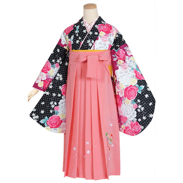 【中古品】ジュニア用 振袖単品「黒×赤紫 ドットにピンクの薔薇」仕立て上がり 小振袖 着物 子ども 子供 キッズ ジュニア 女の子 卒業式 小学校 小学生 中学校 中学生 十三参り 十三詣り 1/2成人式 ハーフ成人式 貸衣装処分 レンタル処分品 【メール便不可】