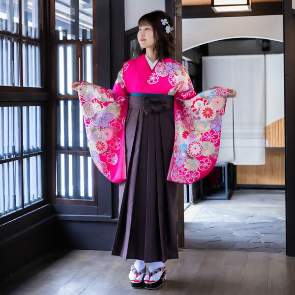 【中古品】二尺袖 単品「ピンク 菊桜牡丹」貸衣装処分 レンタル処分品 卒業式 【メール便不可】