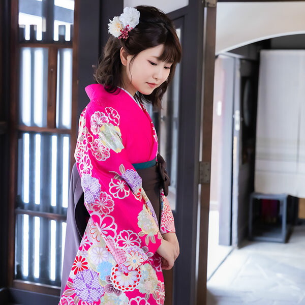 【中古品】二尺袖 単品「ピンク 菊桜牡丹」貸衣装処分 レンタル処分品 卒業式 【メール便不可】