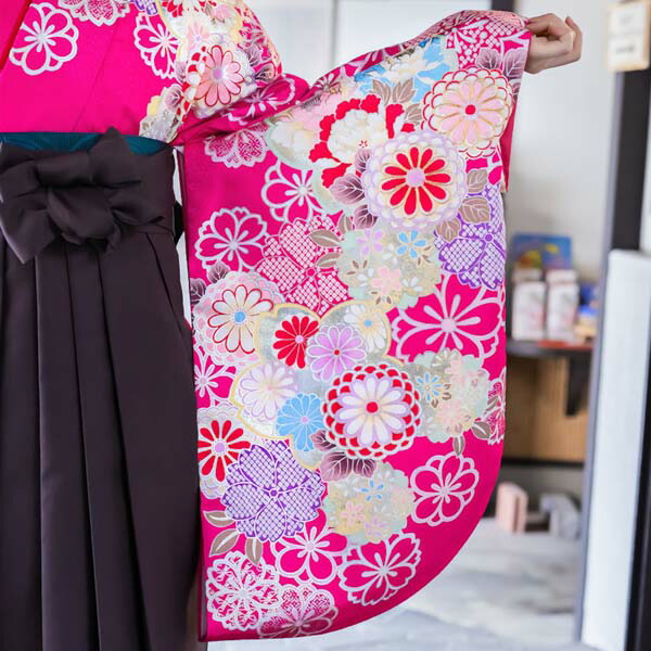 【中古品】二尺袖 単品「ピンク 菊桜牡丹」貸衣装処分 レンタル処分品 卒業式 【メール便不可】