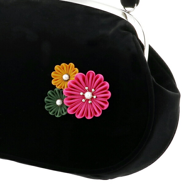 振袖 草履バッグセット「つまみのお花 黒」Fサイズ 振袖草履バッグ