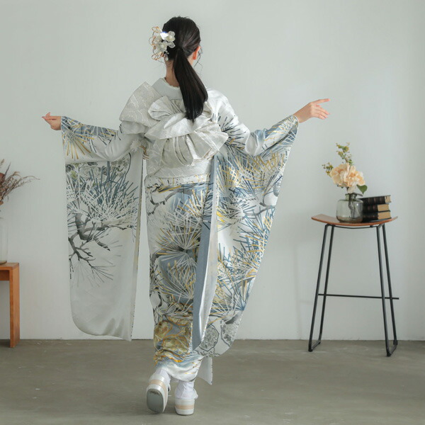 未仕立て 振袖 22点セット「Vサンク シルバーグレー 松葉」仮絵羽 振り袖 正絹 着物 ブランド振袖 成人式 結婚式 結納 パーティー 晴れ着 【メール便不可】