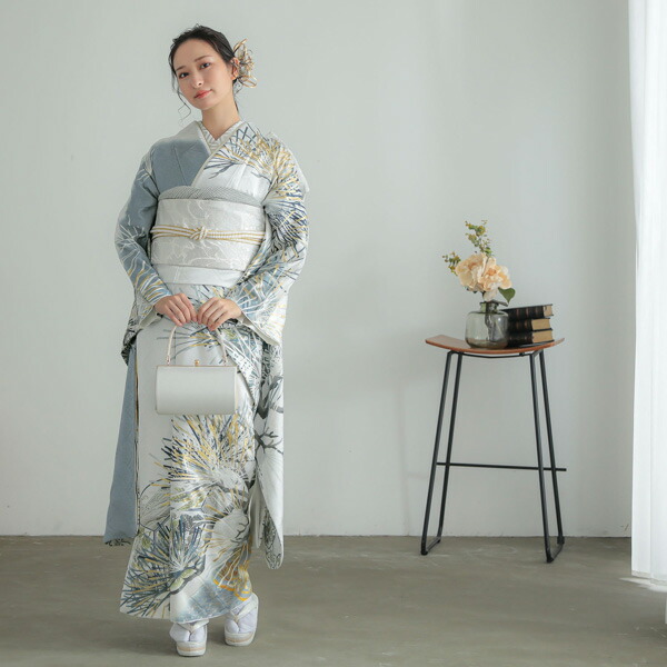 未仕立て 振袖 22点セット「Vサンク シルバーグレー 松葉」仮絵羽 振り袖 正絹 着物 ブランド振袖 成人式 結婚式 結納 パーティー 晴れ着 【メール便不可】