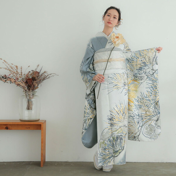 未仕立て 振袖 22点セット「Vサンク シルバーグレー 松葉」仮絵羽 振り袖 正絹 着物 ブランド振袖 成人式 結婚式 結納 パーティー 晴れ着 【メール便不可】