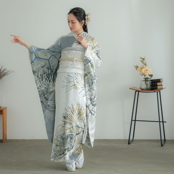 未仕立て 振袖 22点セット「Vサンク シルバーグレー 松葉」仮絵羽 振り袖 正絹 着物 ブランド振袖 成人式 結婚式 結納 パーティー 晴れ着 【メール便不可】