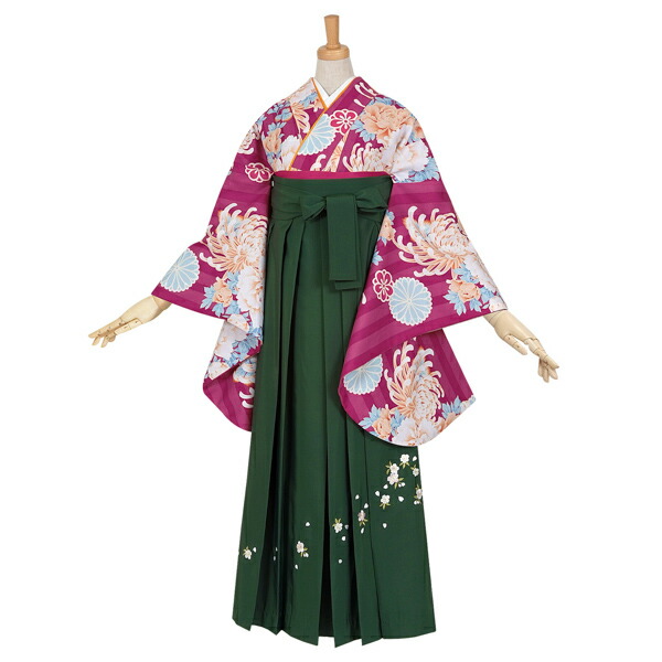 【中古品】二尺袖 単品「赤紫　ストライプ牡丹と菊」貸衣装処分 レンタル処分品 卒業式 【メール便不可】