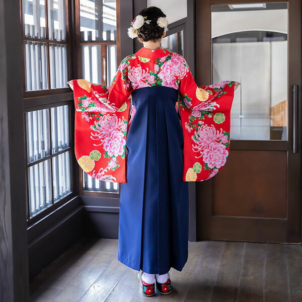 【中古品】二尺袖 単品「赤 菊牡丹」貸衣装処分 レンタル処分品 卒業式 【メール便不可】