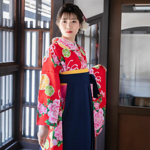 【中古品】二尺袖 単品「赤 菊牡丹」貸衣装処分 レンタル処分品 卒業式 【メール便不可】