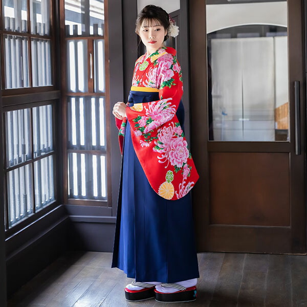 【中古品】二尺袖 単品「赤 菊牡丹」貸衣装処分 レンタル処分品 卒業式 【メール便不可】