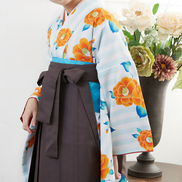 【中古品】二尺袖 単品「白×緑　縦縞　椿」貸衣装処分 レンタル処分品 卒業式 【メール便不可】