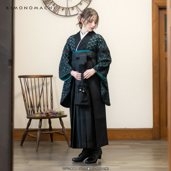 KIMONOMACHI レース二尺袖と袴 4点セット 「二尺袖：ブラック