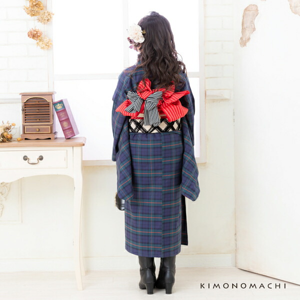 こども 木綿着物とポリエステル単帯の子ども用着物セット「緑色チェック+赤ピンク縞」120cm/130cm/140cm 女の子着物 ジュニア着物 キッズ着物 普段着物 子供 女児【メール便不可】