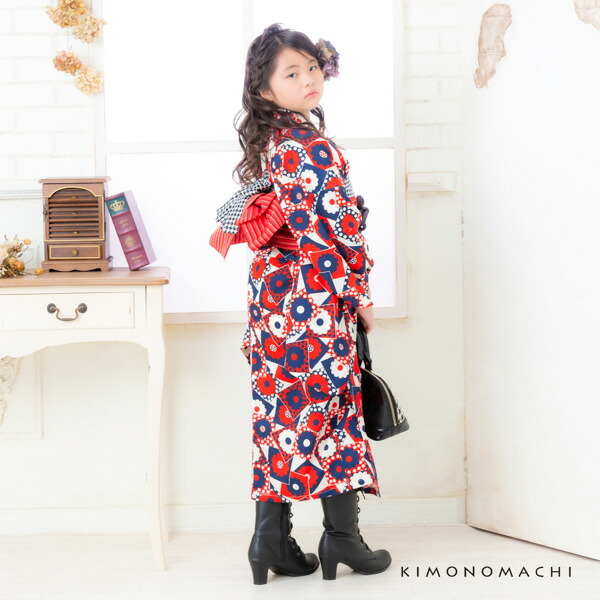 こども 木綿着物とポリエステル単帯の子ども用着物セット「赤×ネイビー