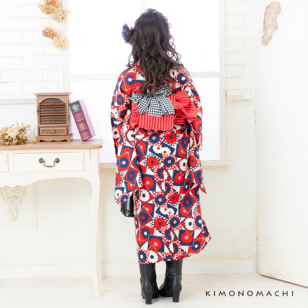 こども 木綿着物とポリエステル単帯の子ども用着物セット「赤×ネイビー