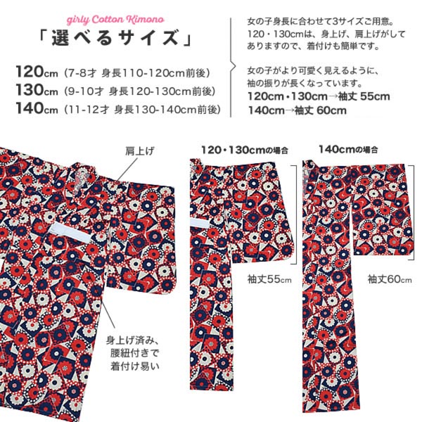 こども 木綿着物とポリエステル単帯の子ども用着物セット「赤×ネイビー